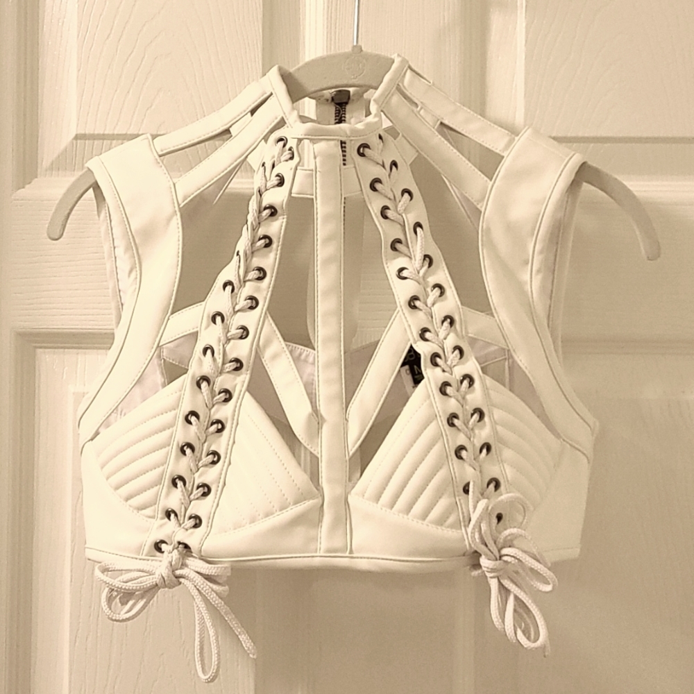 Lace-up White Faux Leather Crop Top